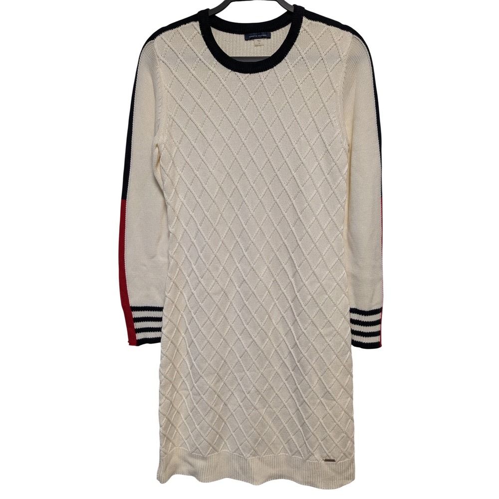 Tommy Hilfiger Sweater Dress M Cream Navy Red Cable Knit Preppy Sporty Academic